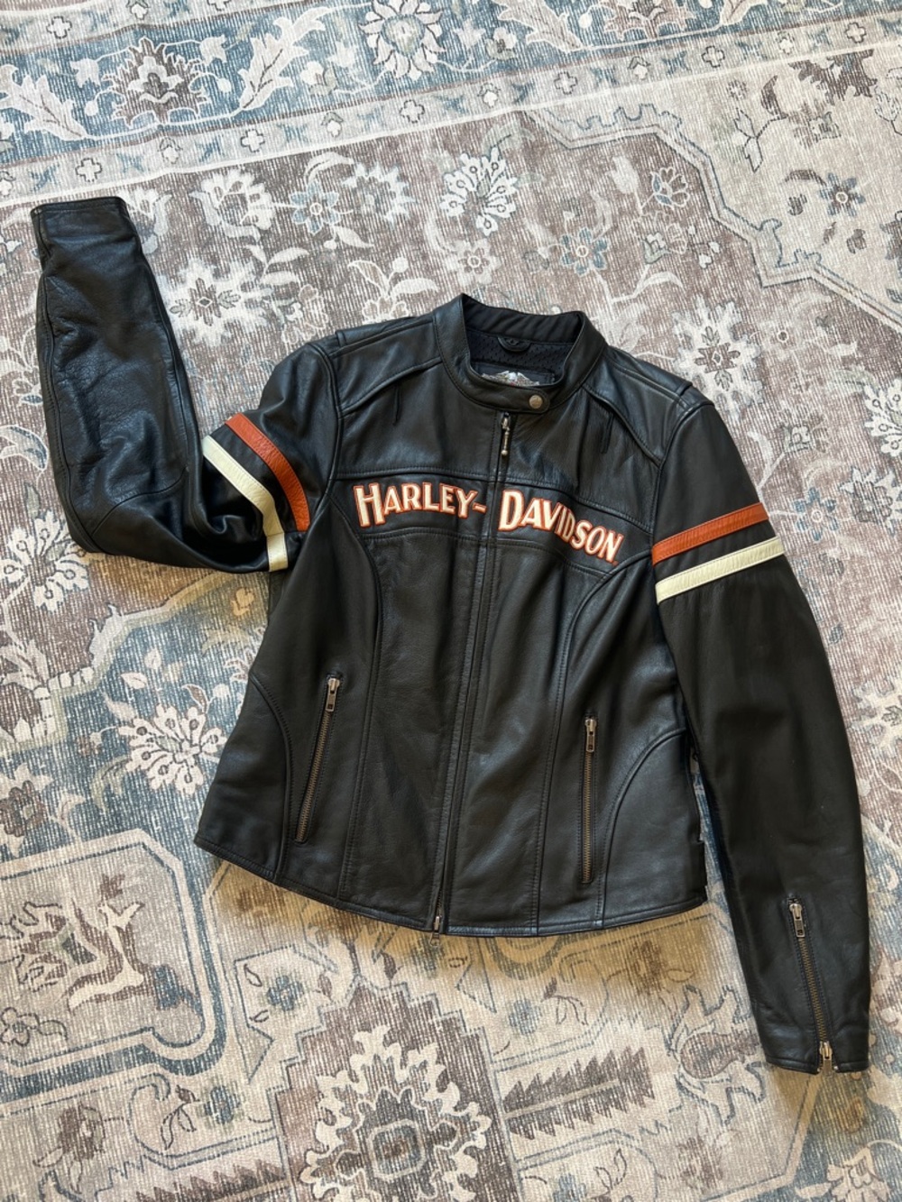 Harley-Davidson Black Leather Women's Racing Jacket with Orange & Cream Stripes